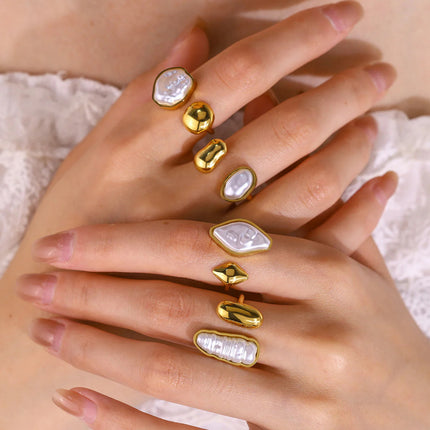 Irregular Pearl Gold Ring for Women – Adjustable Open Band Boho Ring