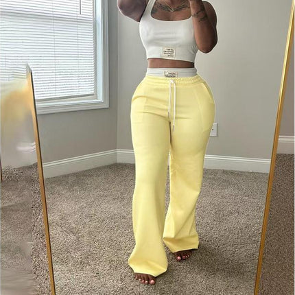 New Drop! Women's European-American Color-Blocked Double-Waistband Layered Loose Streetwear Athletic Casual Pants Two-Piece Set