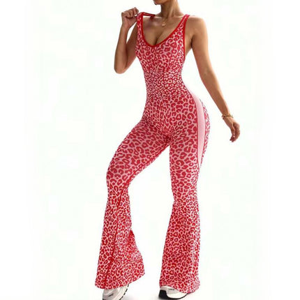 2025New Women's Leopard Print Backless Yoga Romper, Cross Back Seamless Jumpsuit, Casual Fitness Running Gym Wear