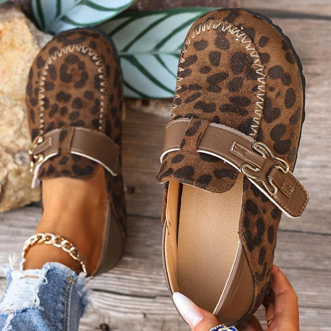Women's Leopard Print Suede Mule Slippers, Metal Buckle Thick Sole, Retro Casual Half Slipper, Comfortable All Season Shoes