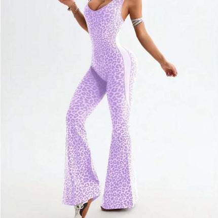 2025New Women's Leopard Print Backless Yoga Romper, Cross Back Seamless Jumpsuit, Casual Fitness Running Gym Wear