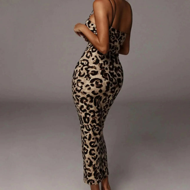 Leopard Print Spaghetti Strap Cami Dress – Backless Bodycon Midi for Evening Events
