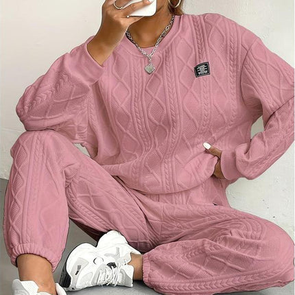 Women's Cozy Textured Pants Set - Soft Long Sleeve Crew Neck Sweatshirt, Comfortable Jogger Sweatpants Outfit, Autumn Winter Womenswear Fabric Knit