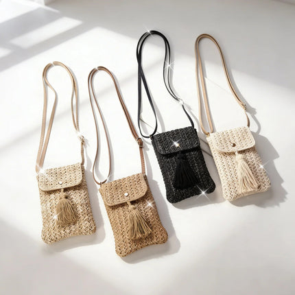 Women's Mini Woven Straw Crossbody Bag – Solid Color Fringe Beach Phone Bag for Travel & Daily Use