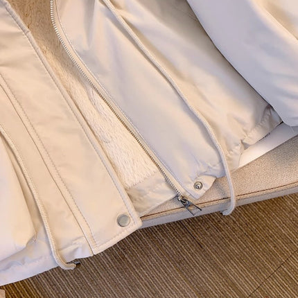 Fleece Lined Hood Down Jacket Winter Coat for Women Warm Drawstring Padded Parkas Korean Casua