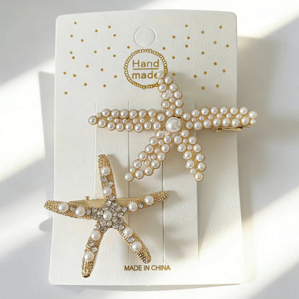 Faux Pearl Starfish Hair Clips – Set of 2 Beach Bridal Hair Accessories for Women
