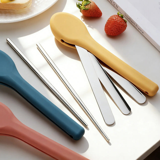 Portable 304 Stainless Steel Cutlery Set | Knife, Fork, Spoon & Chopsticks with Silicone Case for Travel