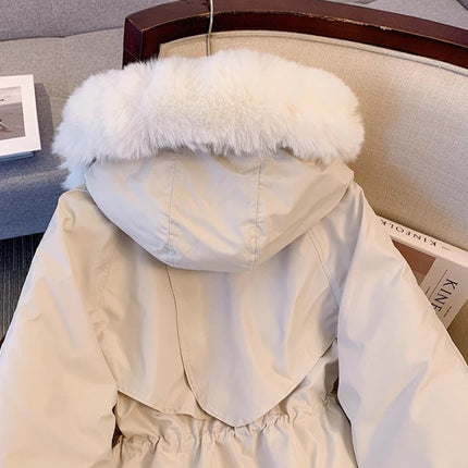 Fleece Lined Hood Down Jacket Winter Coat for Women Warm Drawstring Padded Parkas Korean Casua