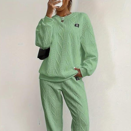 Women's Cozy Textured Pants Set - Soft Long Sleeve Crew Neck Sweatshirt, Comfortable Jogger Sweatpants Outfit, Autumn Winter Womenswear Fabric Knit