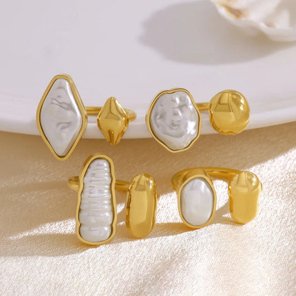 Irregular Pearl Gold Ring for Women – Adjustable Open Band Boho Ring