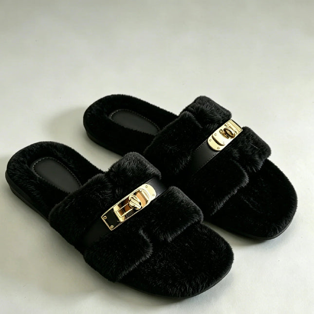 Women’s Soft Furry Slippers – Adjustable Strap House Slides with Non-Slip Sole