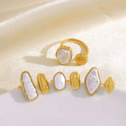 Irregular Pearl Gold Ring for Women – Adjustable Open Band Boho Ring