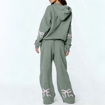 Women's 2 Piece Outfits Bow Trim Print Hoodie Sweatsuit Sets Oversized Sweatshirt Wide Leg Sweatpants With Pockets