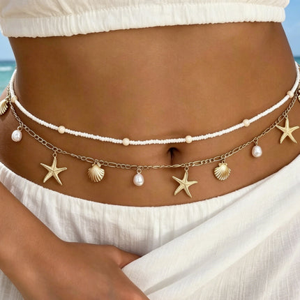 Beach Waist Chain Set for Women – Shell & Starfish Belly Chain Body Jewelry (2PCS)