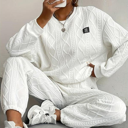 Women's Cozy Textured Pants Set - Soft Long Sleeve Crew Neck Sweatshirt, Comfortable Jogger Sweatpants Outfit, Autumn Winter Womenswear Fabric Knit
