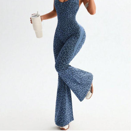 2025New Women's Leopard Print Backless Yoga Romper, Cross Back Seamless Jumpsuit, Casual Fitness Running Gym Wear