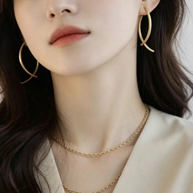 Minimalist Cross Arc Drop Earrings, S925 Silver Needle Posts, Lightweight Alloy Fashion Earrings for Women