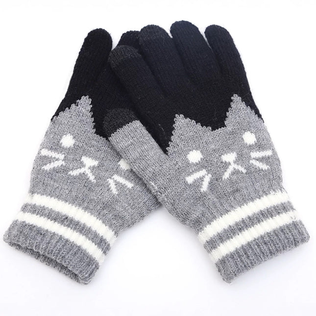 Pair Women's Winter Warm Gloves - Cute Cat Print & Paw Pattern, Soft Stretchy Fabric, Touchscreen Compatible, Cold Resistant for Outdoor/Daily Wear