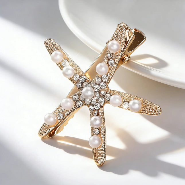 Set of 2 Starfish Hair Clips with Faux Pearls – Elegant Hair Accessories for Weddings, Dates & Daily Wear