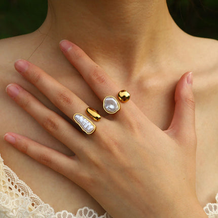 Irregular Pearl Gold Ring for Women – Adjustable Open Band Boho Ring