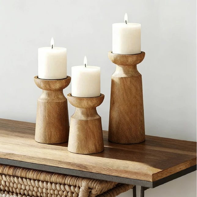 Rustic Wooden Candle Holder Set – 3PCS Vintage Taper Holders for Home Wedding & Holiday Decor