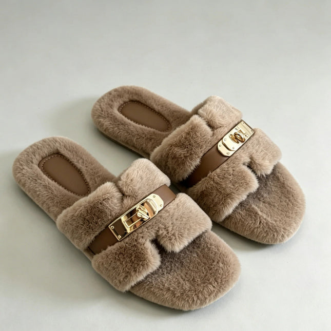 Women’s Soft Furry Slippers – Adjustable Strap House Slides with Non-Slip Sole