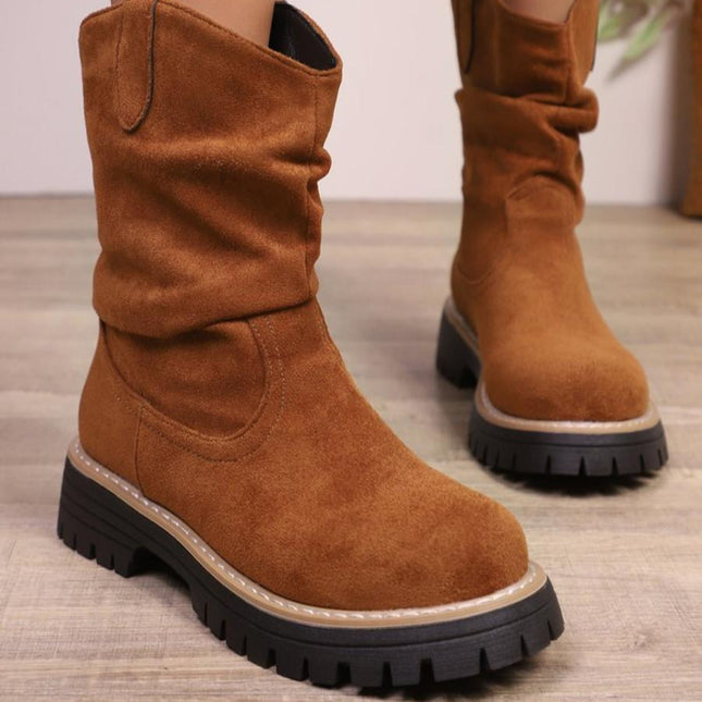 Women's Fashion Crinkle Round Toe Mid-Calf Flat Boots, Elegant Textile Upper, Warm Fall & Winter Footwear