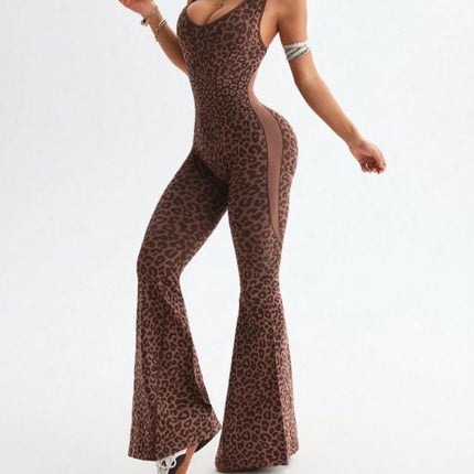 2025New Women's Leopard Print Backless Yoga Romper, Cross Back Seamless Jumpsuit, Casual Fitness Running Gym Wear