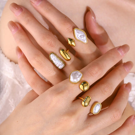 Irregular Pearl Gold Ring for Women – Adjustable Open Band Boho Ring