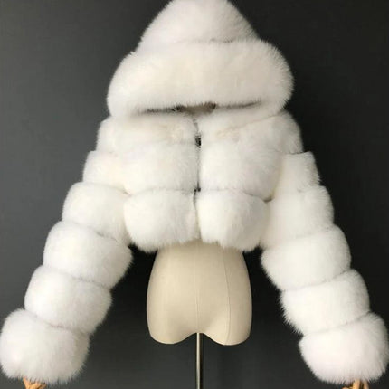 Tailored faux fur coat with hood for autumn and winter clothing