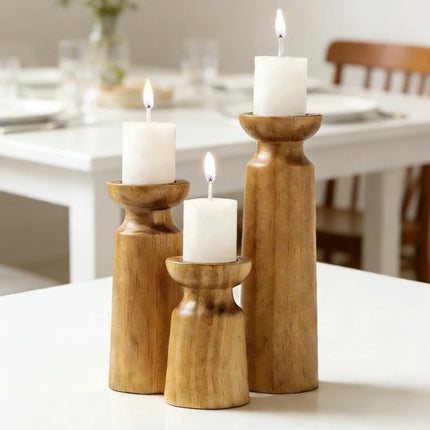 Wooden Candle Holder Set – 3PCS Retro Style for Home and Festival Decor
